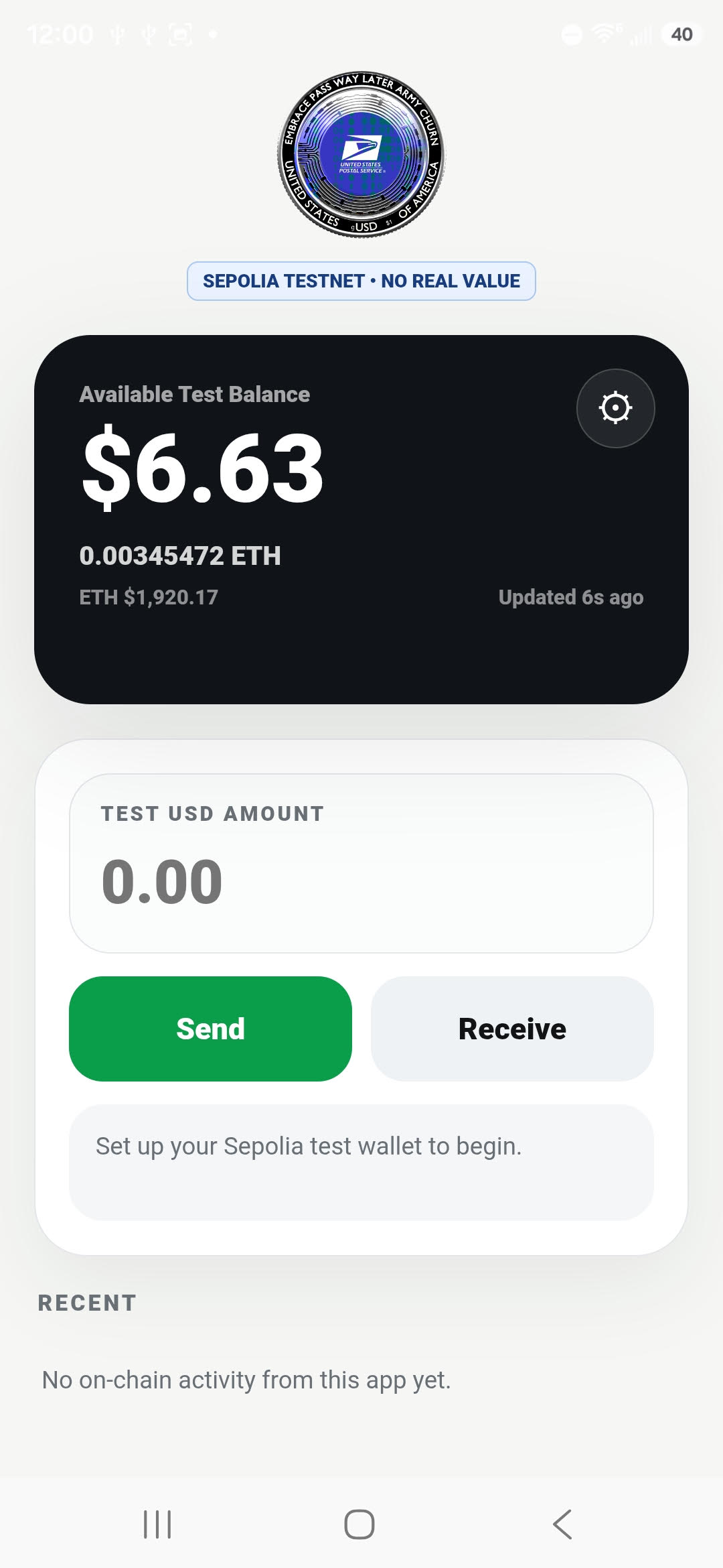 Diamond Wallet Testnet main balance and NFC transfer screen